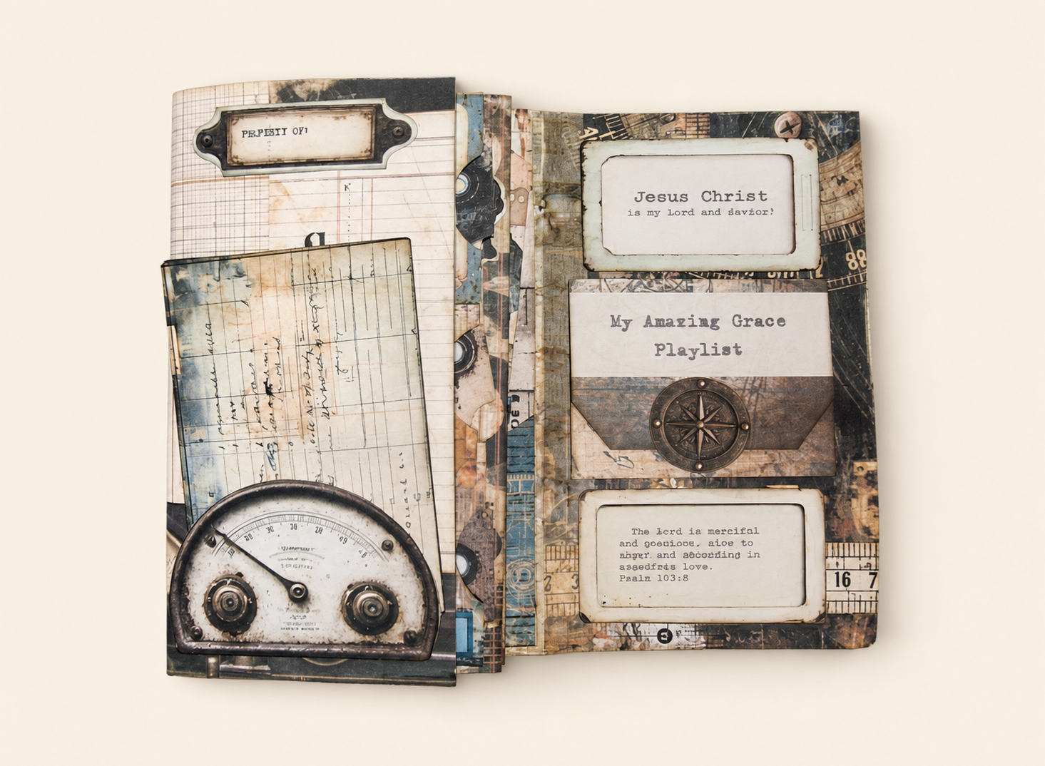 A detailed handmade journal opened to layered vintage pages