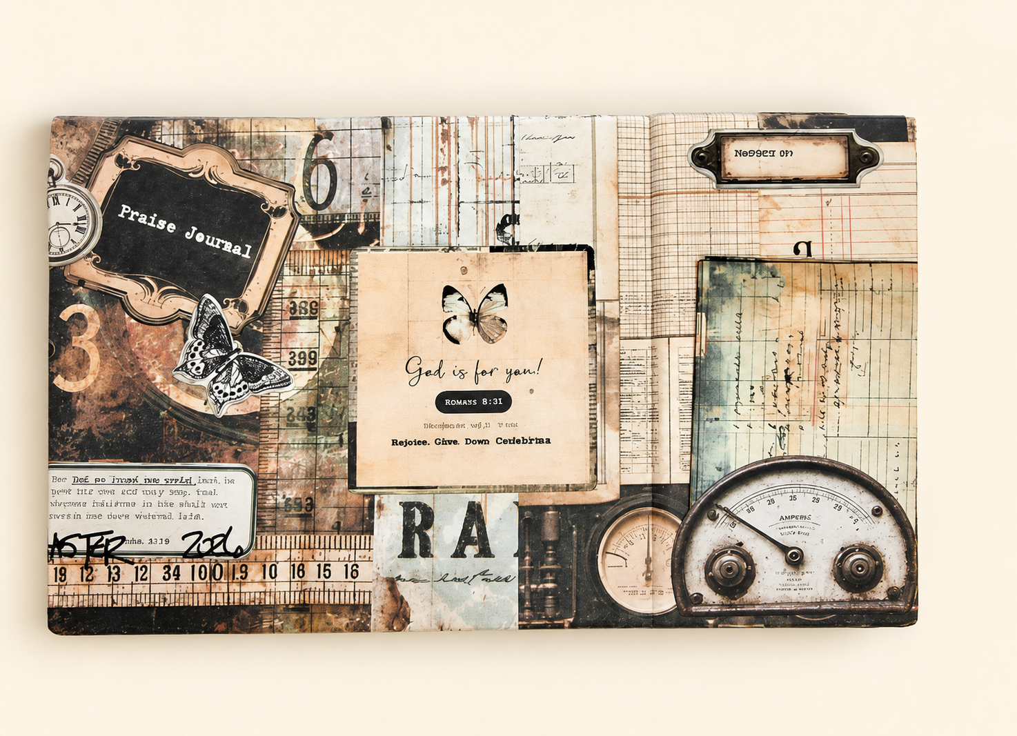 An open handmade journal with faith-filled vintage pages