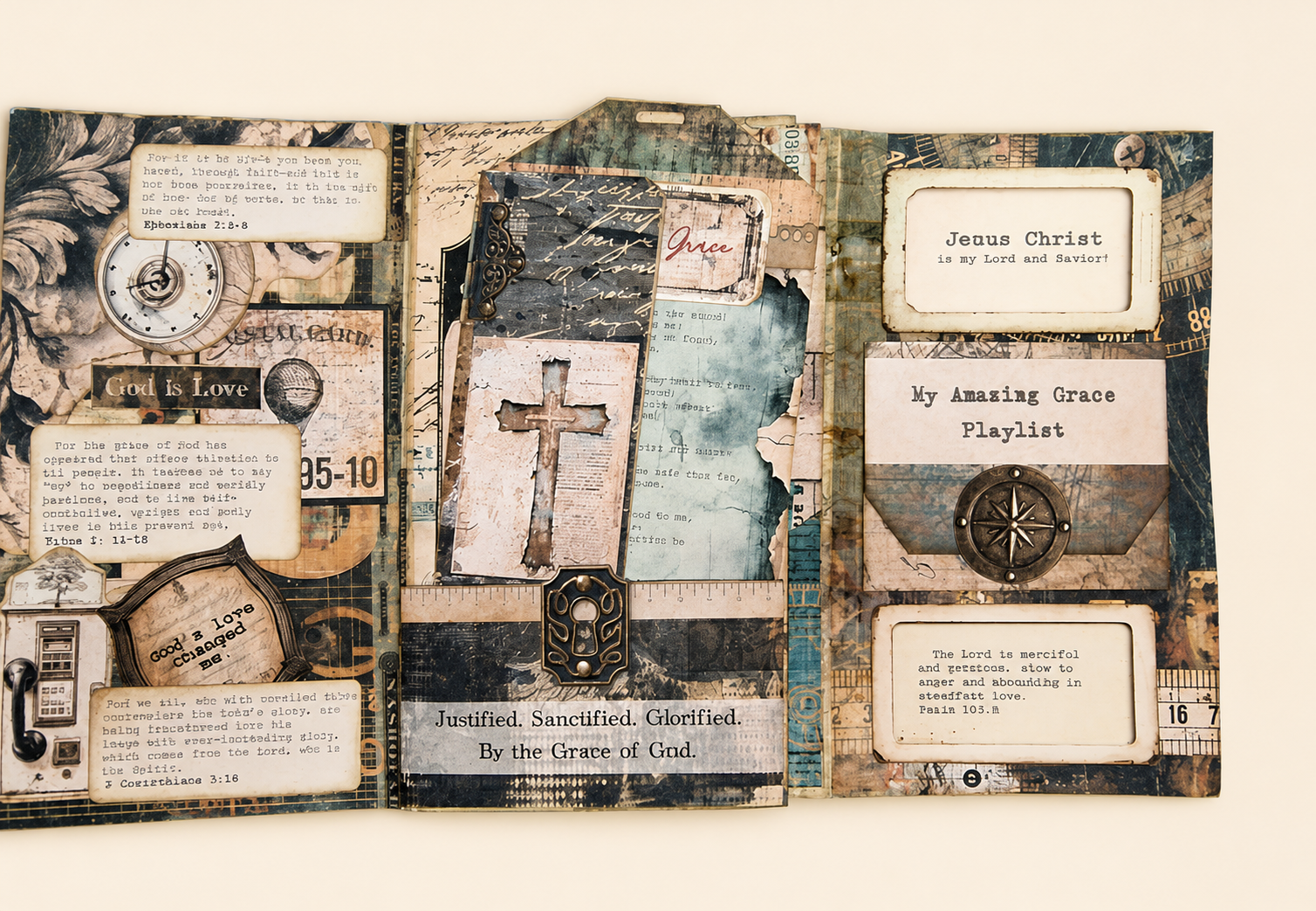 A handmade faith journal opened to richly layered pages