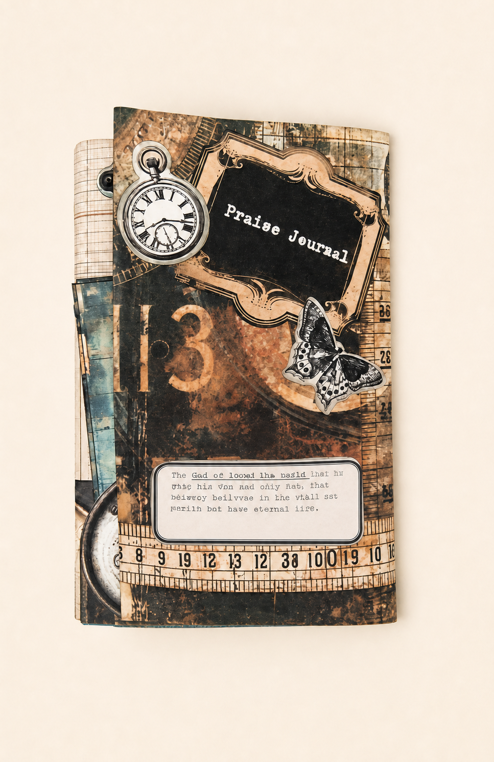 A handmade Christian praise journal cover with layered vintage details